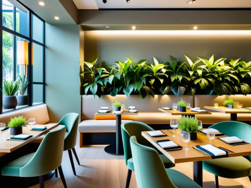 Espacio de restaurante minimalista con elementos de Feng Shui, iluminación suave y ambiente armonioso para el arte culinario en restaurantes