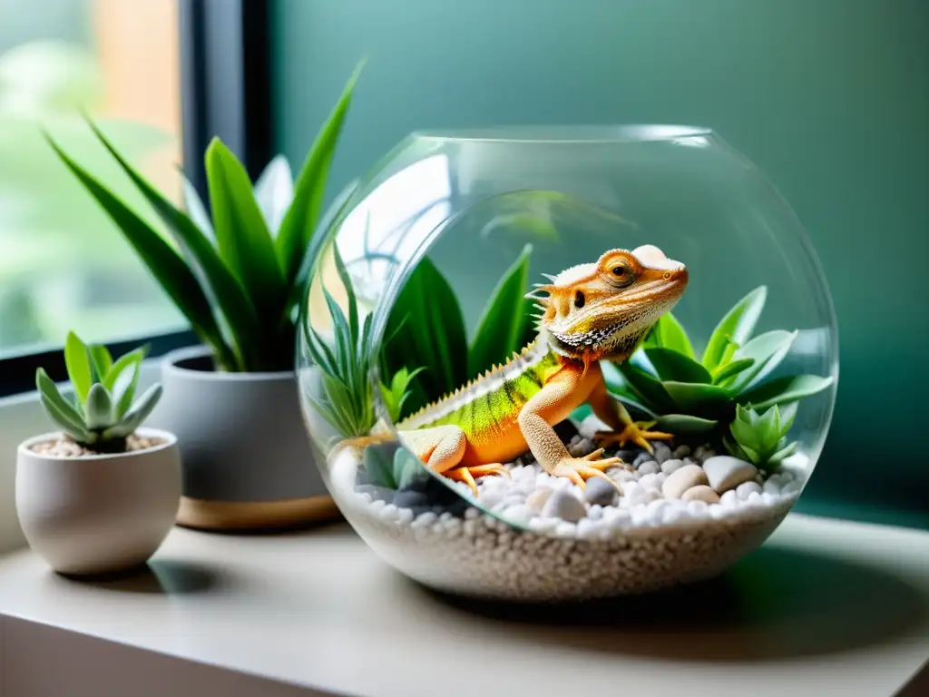 Un espacio Feng Shui para roedores y reptiles: sala minimalista con terrario de cristal, dragón barbudo, plantas y cristales