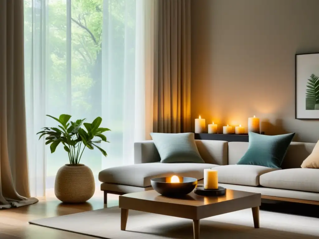 Espacio hogareño con armonización sensorial y principios de Feng Shui, inundado de luz suave y tonos terrosos reconfortantes