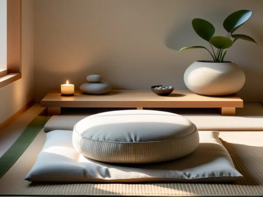 Espacio de meditación con Feng Shui: Sala serena con luz natural, cojín cómodo y jardín zen, transmite armonía y tranquilidad