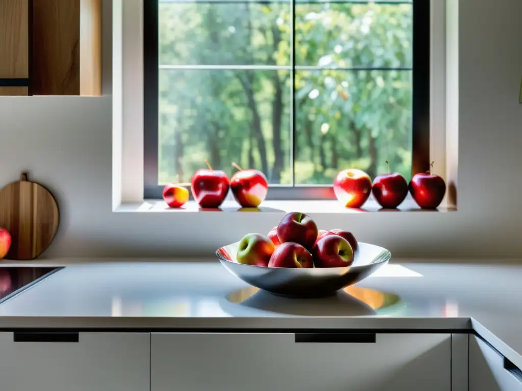 Un espacio sereno y acogedor con manzanas rojas vibrantes en una cocina minimalista