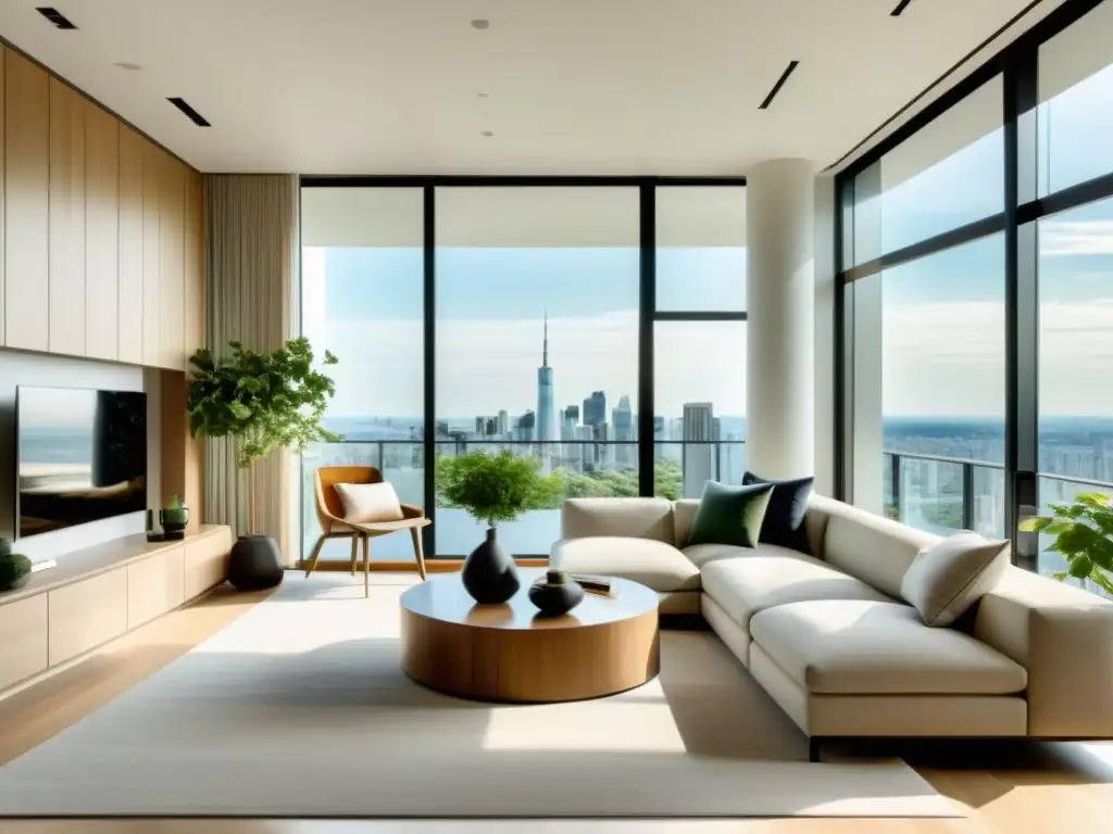 Espacio sereno con decoración feng shui en apartamento de alturas, inundado de luz natural y vistas panorámicas de la ciudad