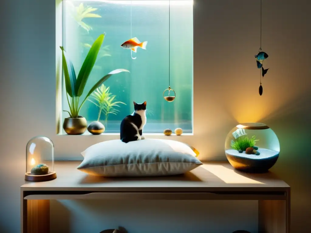 Espacio armonioso para mascotas con amuletos y objetos Espacio sereno y armonioso con amuletos Feng Shui para protección de mascotas