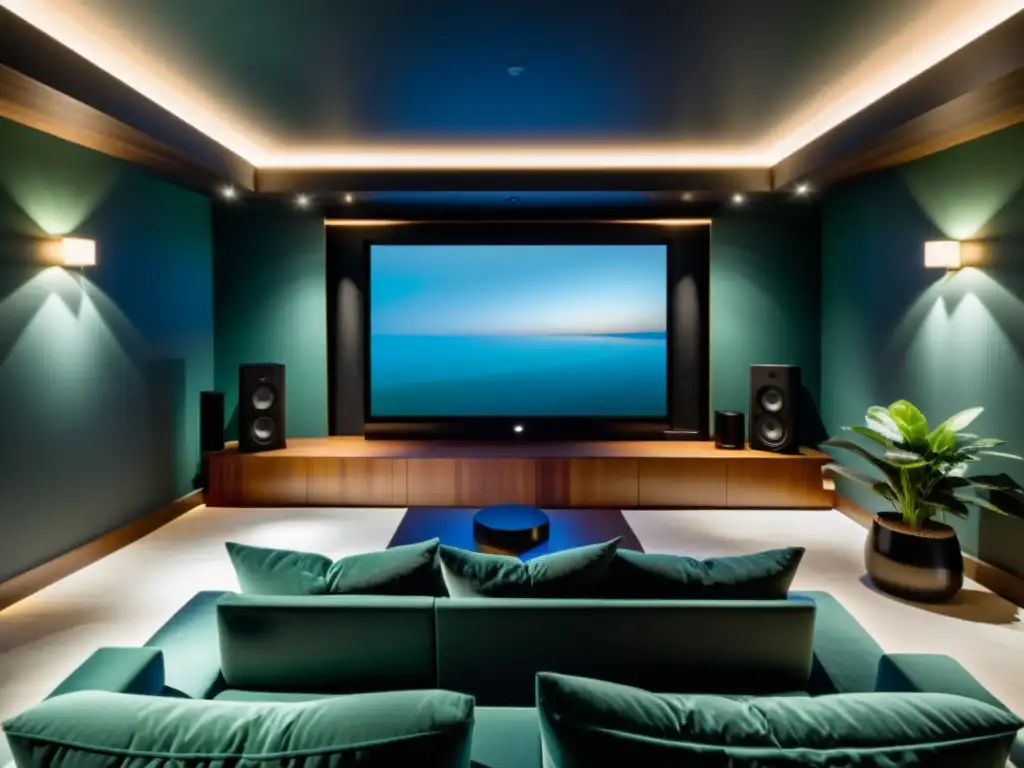 Un espacio sereno de home theater con feng shui armonioso, asientos cuidadosamente dispuestos y una iluminación suave