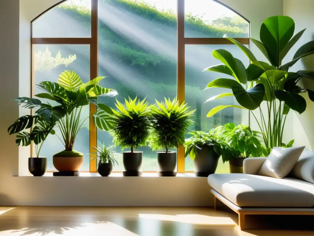 Un espacio sereno y armonioso con plantas exuberantes, bañado por la luz del sol para atraer prosperidad con el Feng Shui