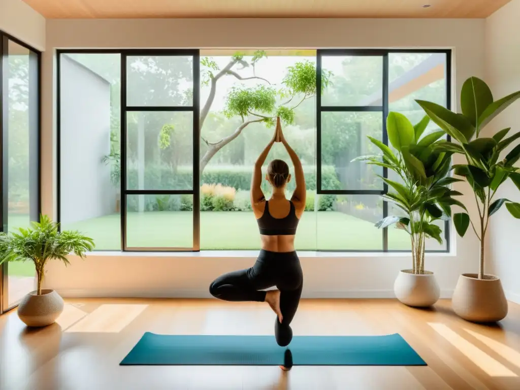 'Espacio sereno con asanas de yoga para armonizar hogar en sala minimalista con vista a jardín tranquilo'