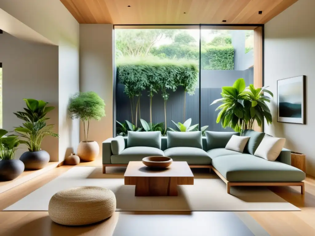 Espacio sereno de diseño biofílico hogareño con elementos Feng Shui, integrando naturaleza en la decoración