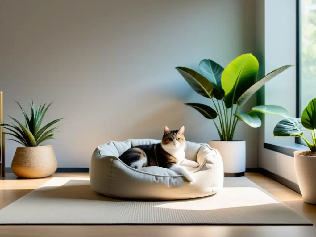 Un espacio sereno con una cama acogedora para mascotas y plantas, promoviendo el bienestar físico mascotas Feng Shui