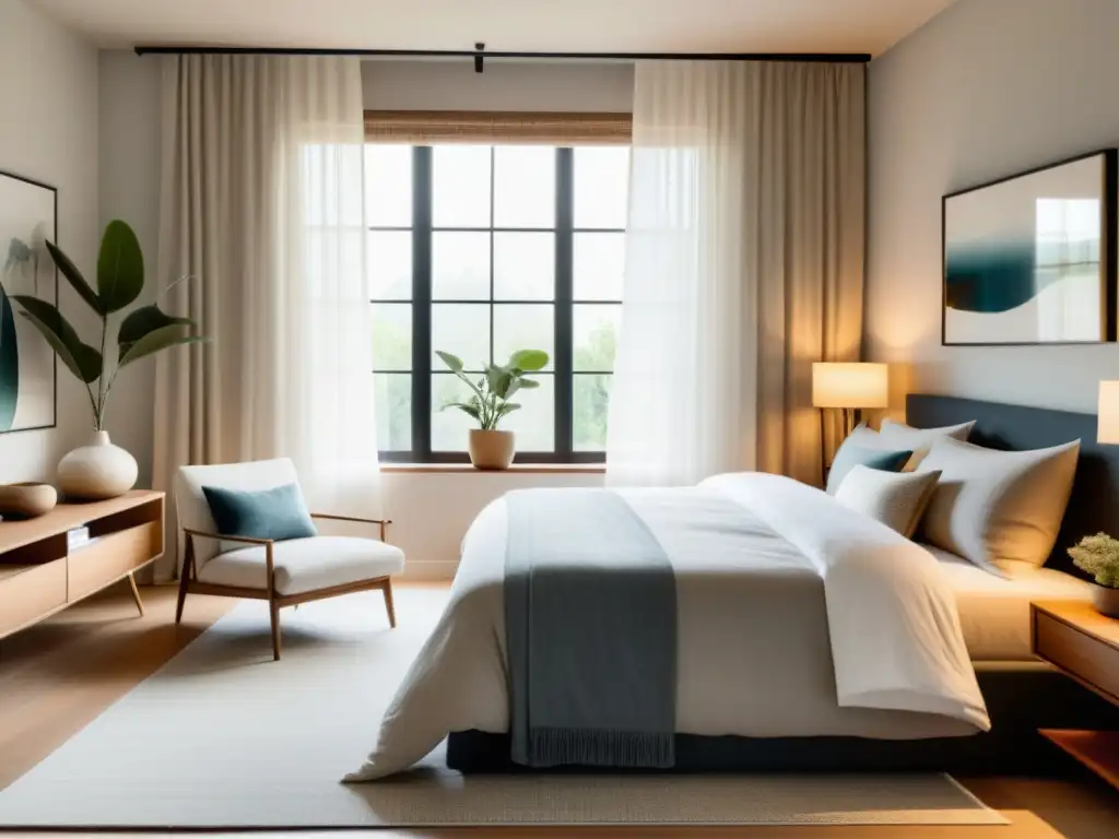 Espacio sereno con cama acogedora y decoración minimalista, transmitiendo paz y tranquilidad con luz natural y elementos de Feng Shui