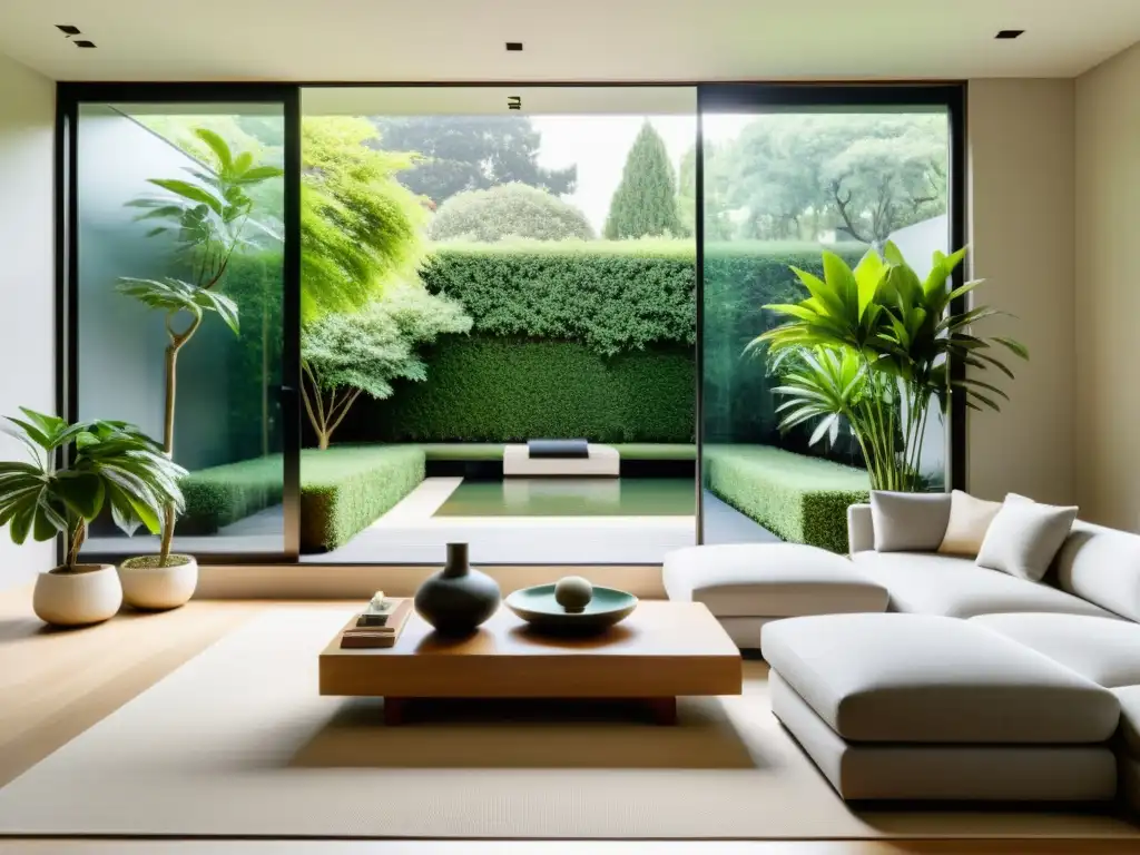 Espacio sereno con decoración Feng Shui para mitigar cambio climático en sala minimalista con ventana panorámica y jardín exuberante