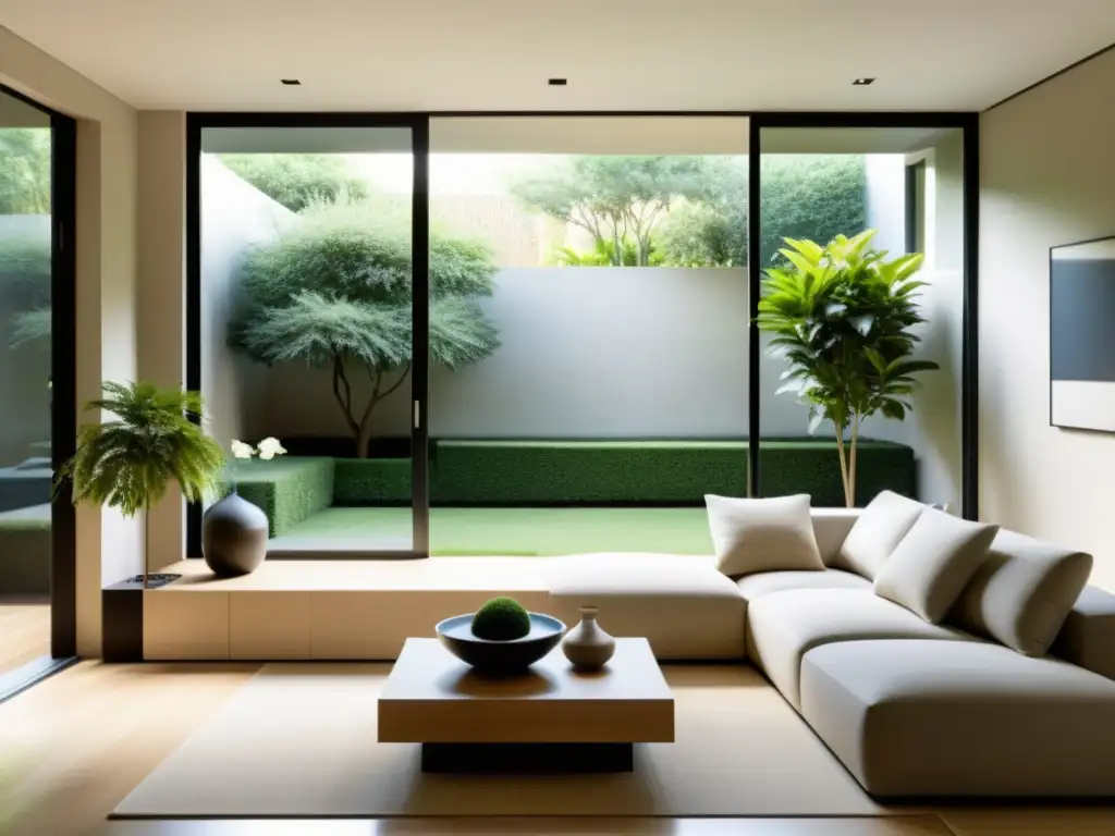 Espacio sereno según claves del Feng Shui para la felicidad en el hogar: sala minimalista con ventana y jardín tranquilo