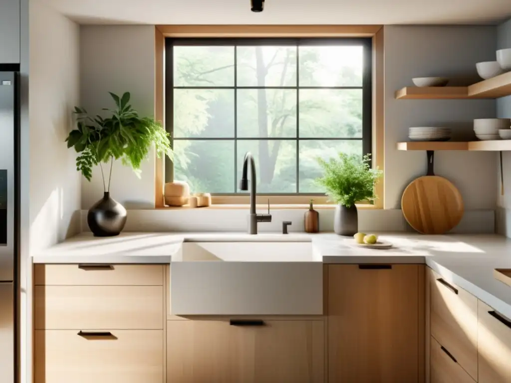 Un espacio sereno y armónico: cocina minimalista con luz natural y toques de verde