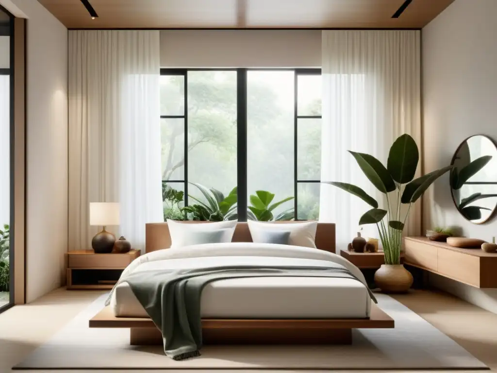 Espacio sereno con decoración Feng Shui para crisis emocional, luz natural y armonía en el dormitorio minimalista