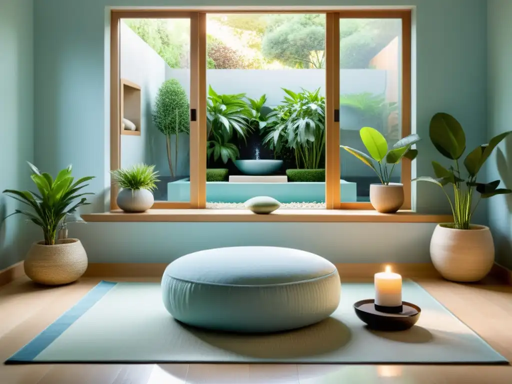 Un espacio de meditación sereno con diseño minimalista y técnicas feng shui para meditación, bañado en luz natural y rodeado de armonía