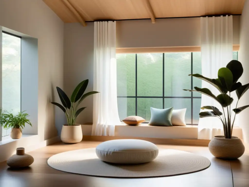 Un espacio sereno para meditar, con diseño minimalista y técnicas feng shui para meditación, lleno de luz natural y tranquilidad