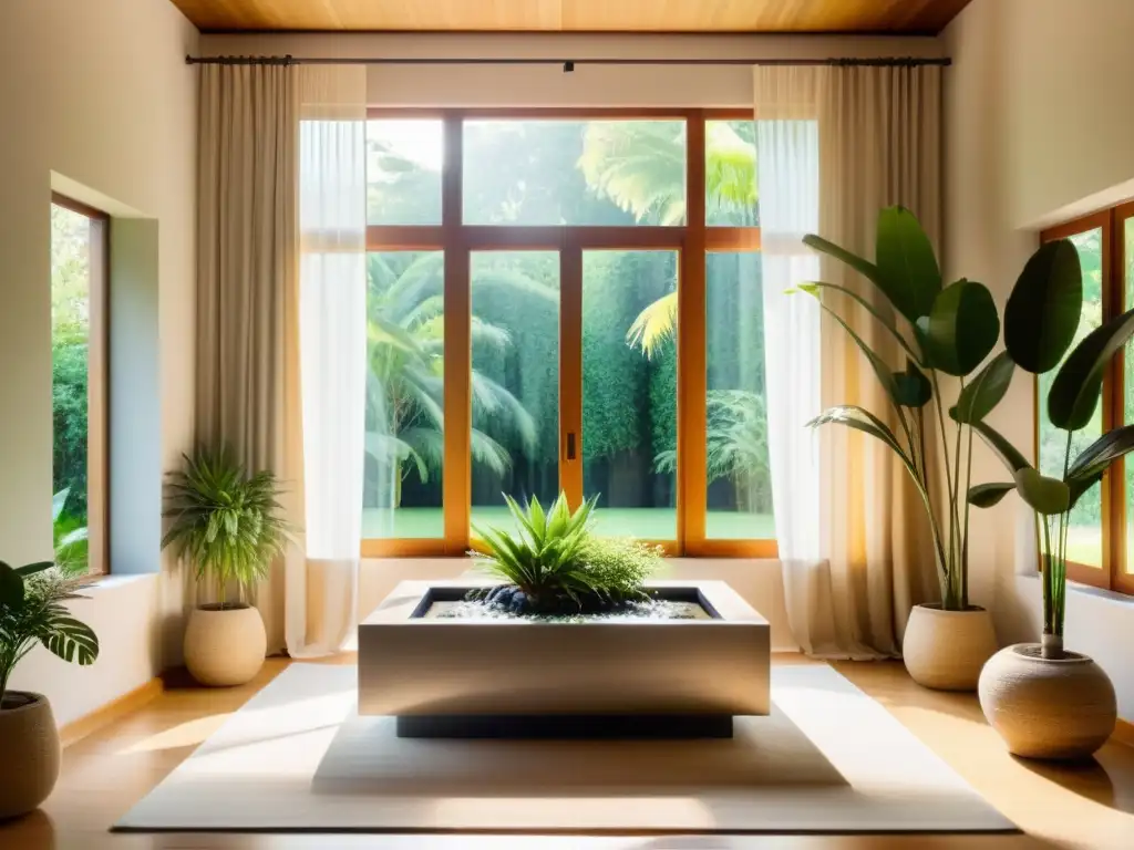 Un espacio sereno y ecológico con decoración Feng Shui y vista a un jardín exuberante, ideal para productos ecológicos para Feng Shui