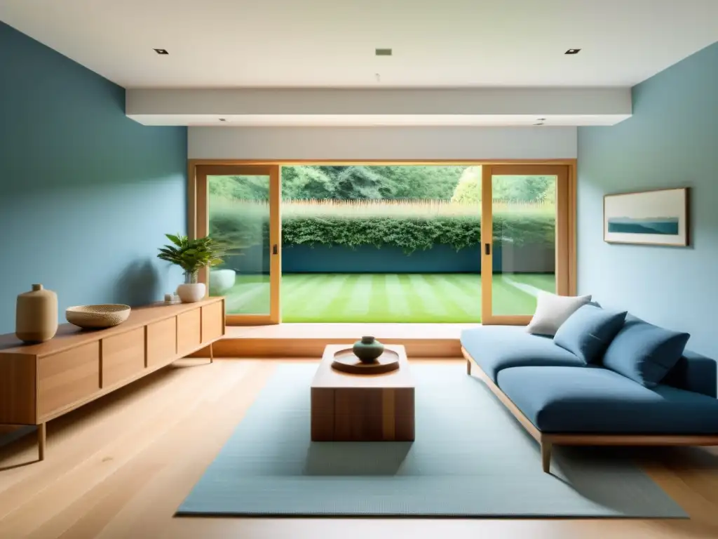 Espacio sereno con elementos Feng Shui, liberación de sótano con Feng Shui: luz natural, jardín tranquilo, paleta calmante