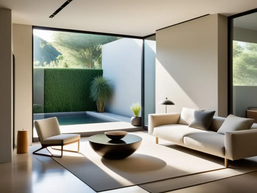 Espacio sereno con Feng Shui para equinoccios hogar, luz natural inunda la habitación, decorada con líneas limpias y colores neutros