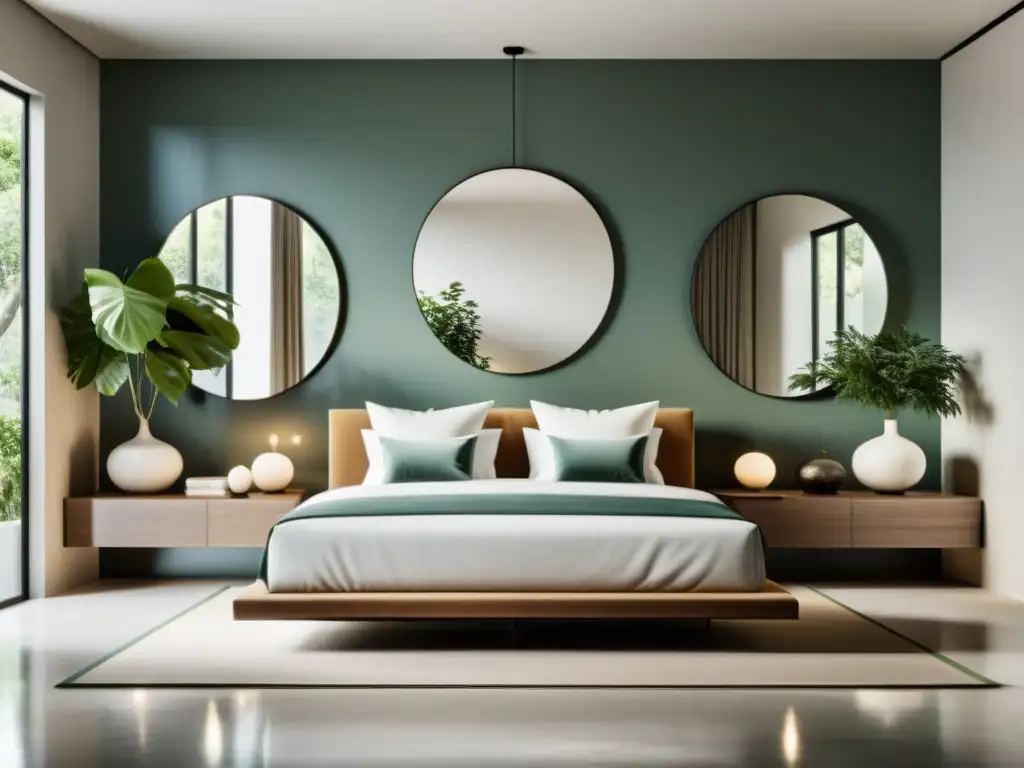 Espacio sereno con espejos en Feng Shui equilibrio emocional, reflejando naturaleza y armonía en diseño minimalista