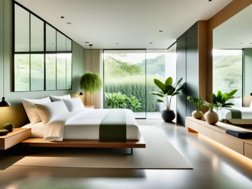 Espacio sereno con espejos en Feng Shui para salud mental, reflejando luz natural y plantas verdes, promoviendo tranquilidad