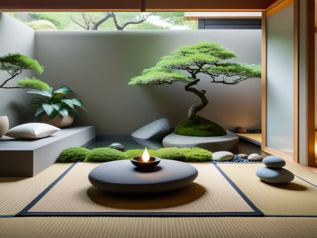 Un espacio sereno para meditar con jardín japonés y fuente, bañado en luz natural