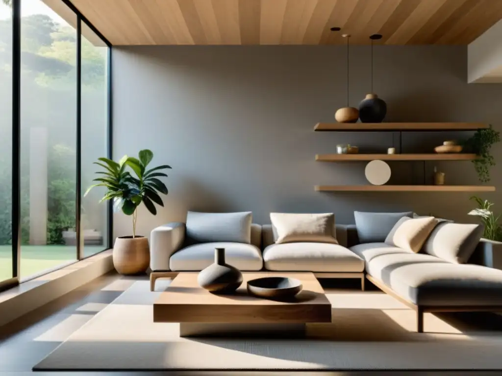 Espacio sereno con Feng Shui para armonizar hogar: muebles equilibrados, tonos naturales y luz natural