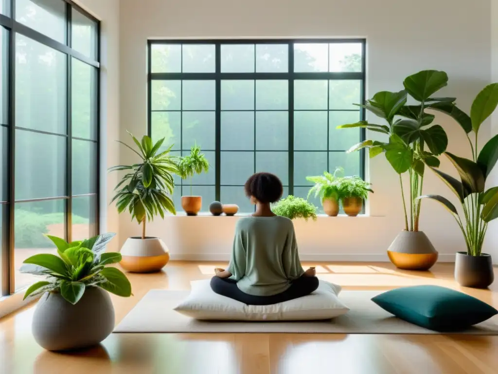 Espacio sereno con músicaoterapia para armonizar hogar, iluminación natural y ambiente tranquilo con plantas y decoración relajante