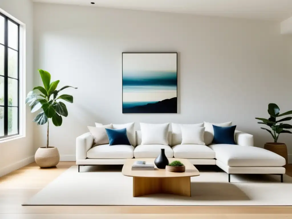 Espacio sereno con Feng Shui para armonizar hogar: sala minimalista con luz natural, muebles blancos y toques cálidos