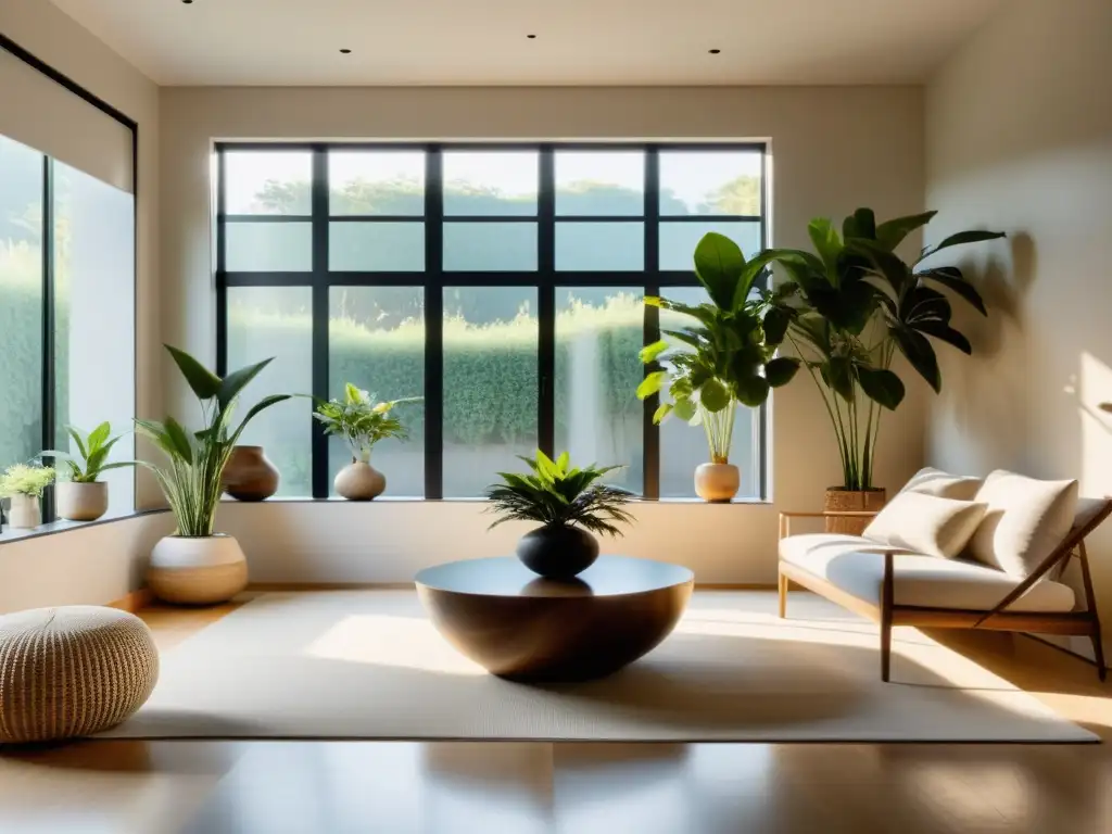 Espacio sereno con impacto de detergentes ecológicos y armonía Feng Shui en tonos tierra, luz solar dorada y plantas de interior