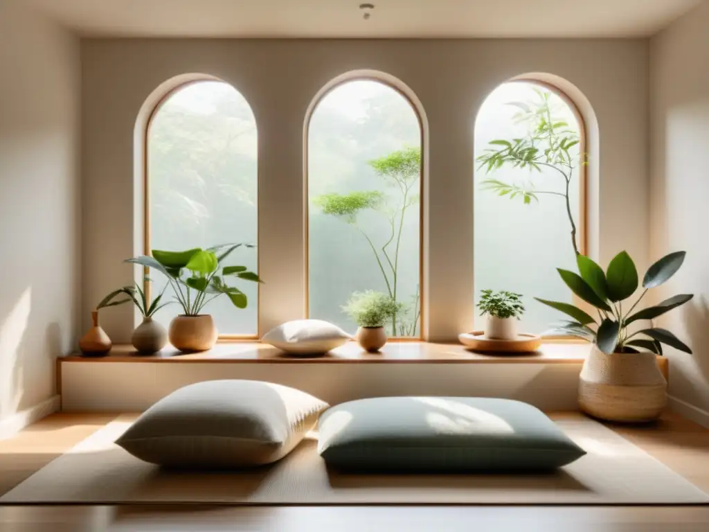 Espacio de meditación sereno con influencia de Feng Shui India Vastu Shastra, iluminado y minimalista, con colores neutrales y texturas naturales