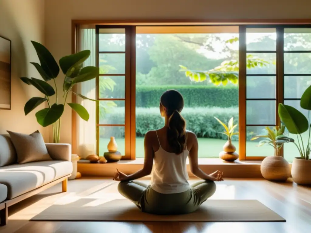 Espacio de meditación sereno con influencia del Pranayama y decoración minimalista en tonos terrosos