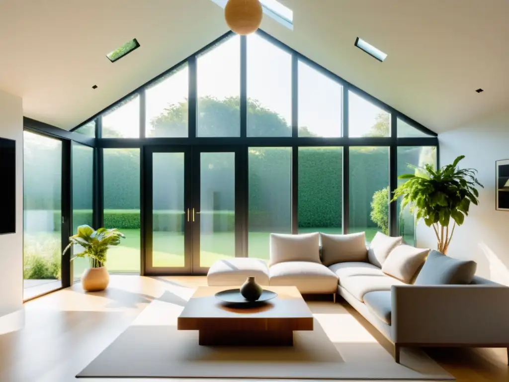 Espacio sereno con integración de energía renovable y Feng Shui en armonía, iluminado por luz natural