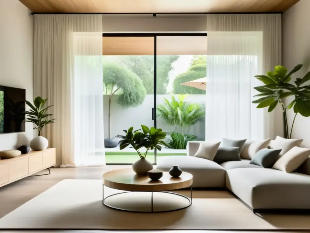 Espacio sereno de limpieza energética con Feng Shui: luz natural, plantas, agua y cristales crean armonía y equilibrio