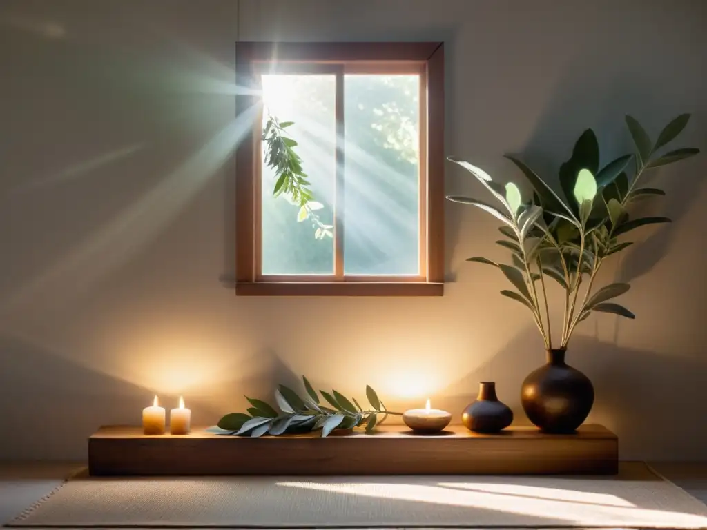 Espacio sereno con luz cálida, ventana abierta, cortinas blancas, hojas de salvia, cristales y un altar de madera