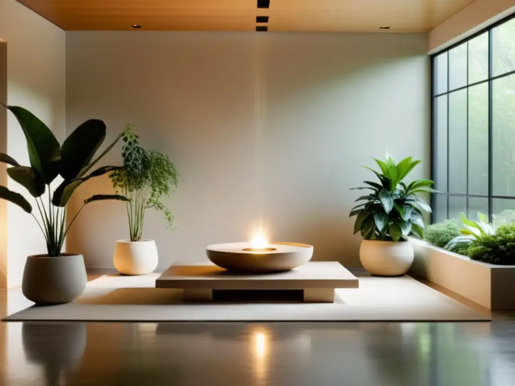 Un espacio de meditación sereno, con luz natural, decoración minimalista y colores neutros, siguiendo principios de Feng Shui para armonización