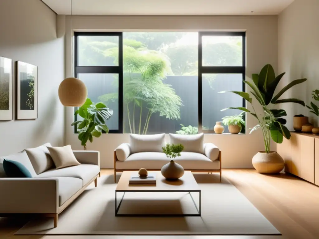 Espacio sereno con luz natural y 'Flujo de Chi en hogar', decorado con plantas y tonos neutros