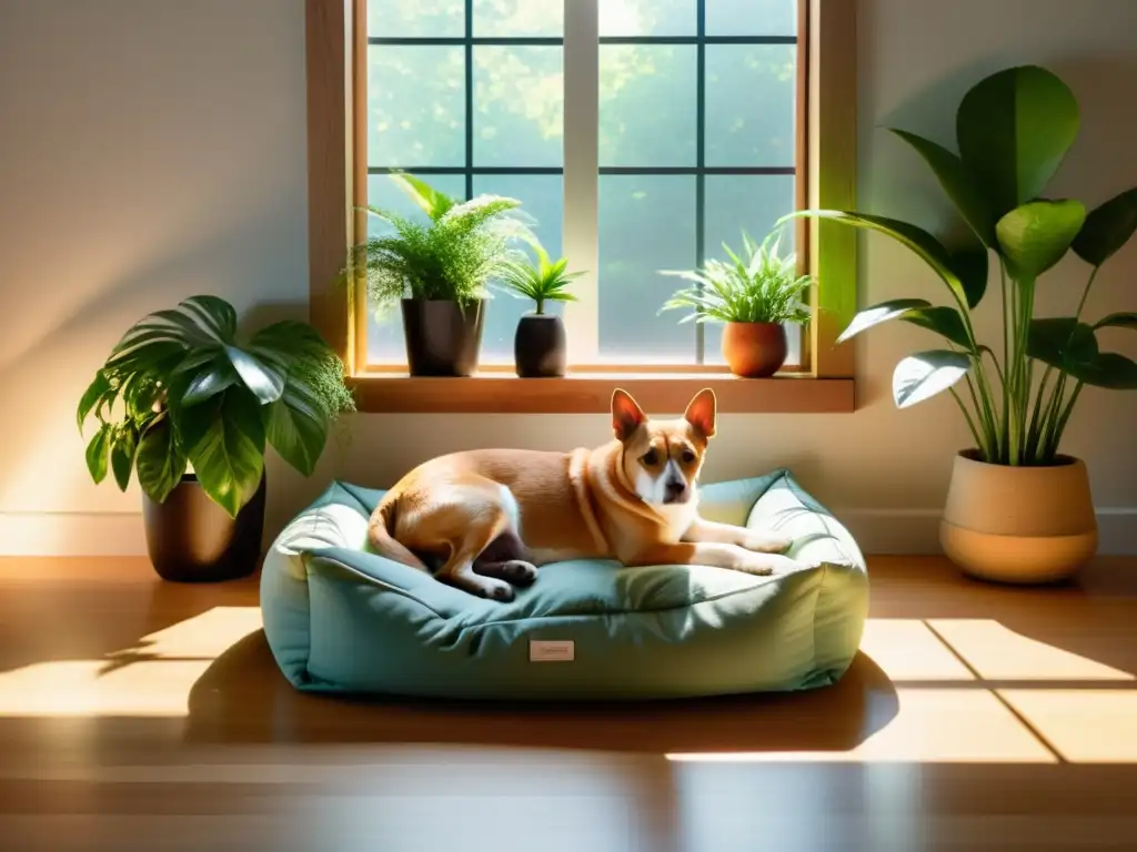 Un espacio sereno con luz solar, cama para mascotas y plantas, ideal para mejorar energía vital áreas mascotas