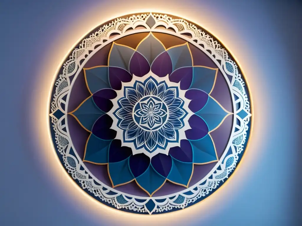 Un espacio de meditación sereno con un mandala intrincado en tonos calmantes de azul, morado y blanco