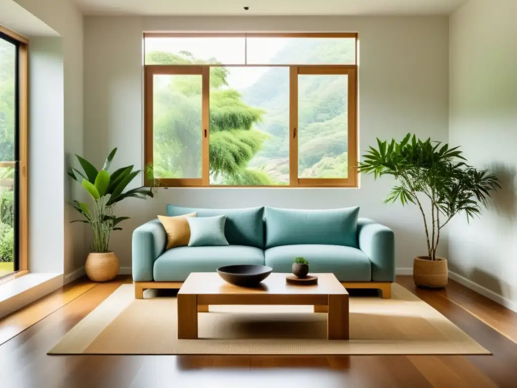 Espacio sereno con materiales biodegradables en Feng Shui, iluminado por luz natural y decorado con plantas y bonsái