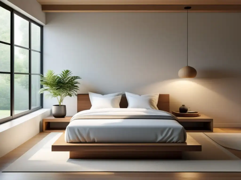 Espacio sereno y minimalista con cama baja de madera, ropa de cama blanca y planta en mesa