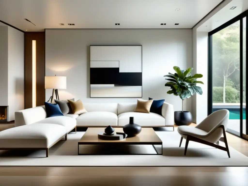 Espacio de estar sereno y minimalista con decoración contemporánea de Feng Shui, armonía y elegancia moderna en tonos neutros y líneas limpias