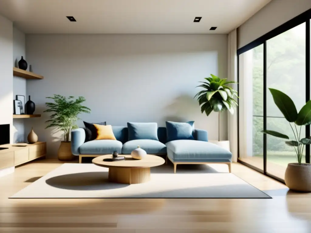 Espacio sereno y minimalista con elementos de Feng Shui, como planta y elemento de agua, en una sala con madera clara y luz natural