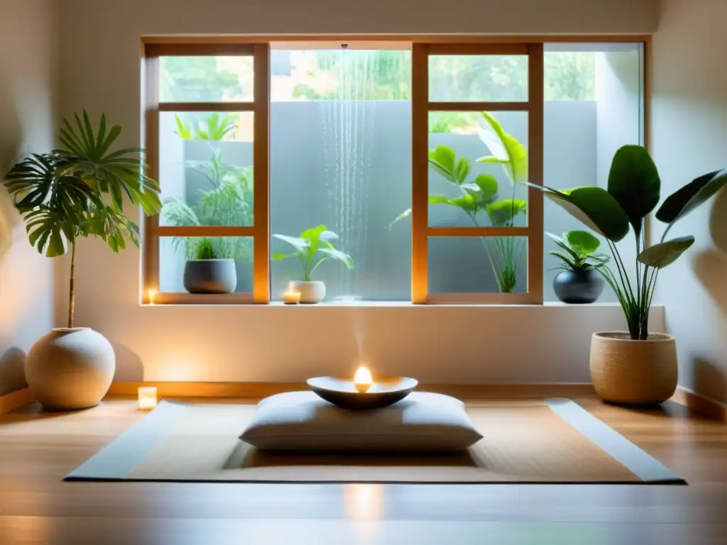 Un espacio de meditación sereno con decoración minimalista y elementos de Feng Shui centro meditación armonización