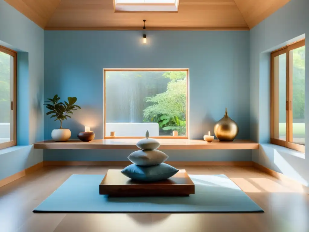 Espacio de meditación sereno y minimalista con influencia del Feng Shui, invita a la armonización y paz interior