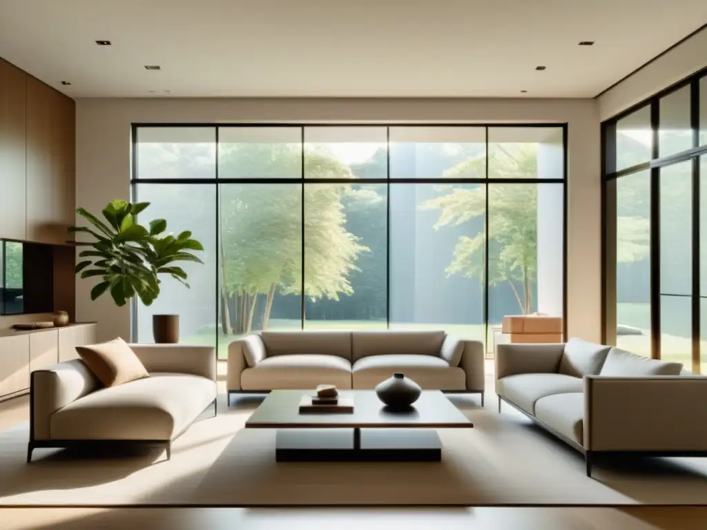 Espacio sereno y minimalista inspirado en el Feng Shui para armonizar hogar con luz natural, muebles equilibrados y colores neutros