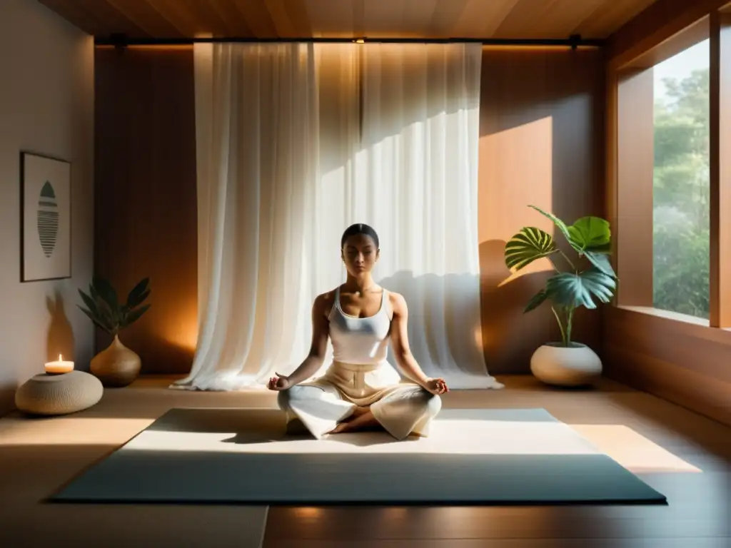 Espacio de meditación sereno, minimalista, libre de ruidos externos, con luz natural suave y ambiente tranquilo