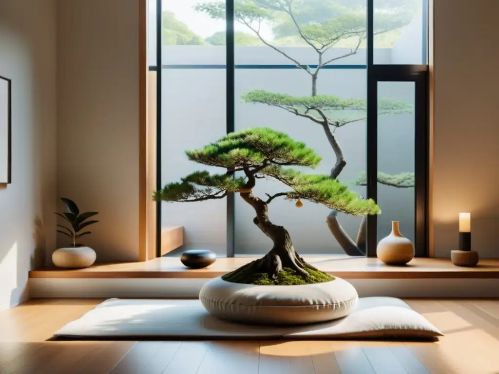 Un espacio de meditación sereno y minimalista, con luz natural, decoración terrenal y ambiente puro para rituales de limpieza para meditación