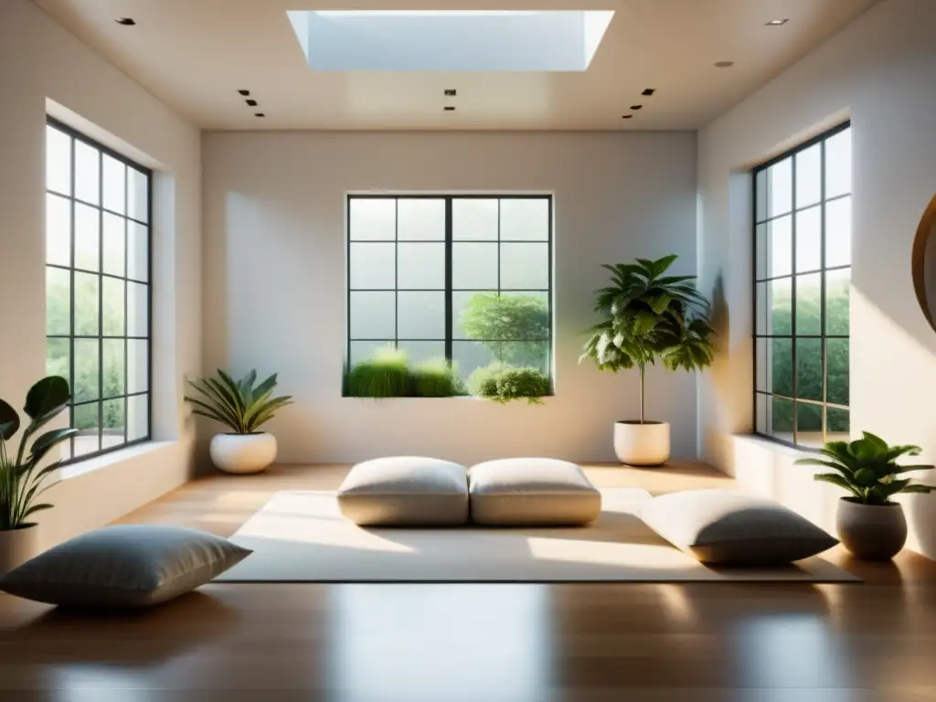 Espacio de meditación sereno y minimalista con luz natural, cojines y plantas