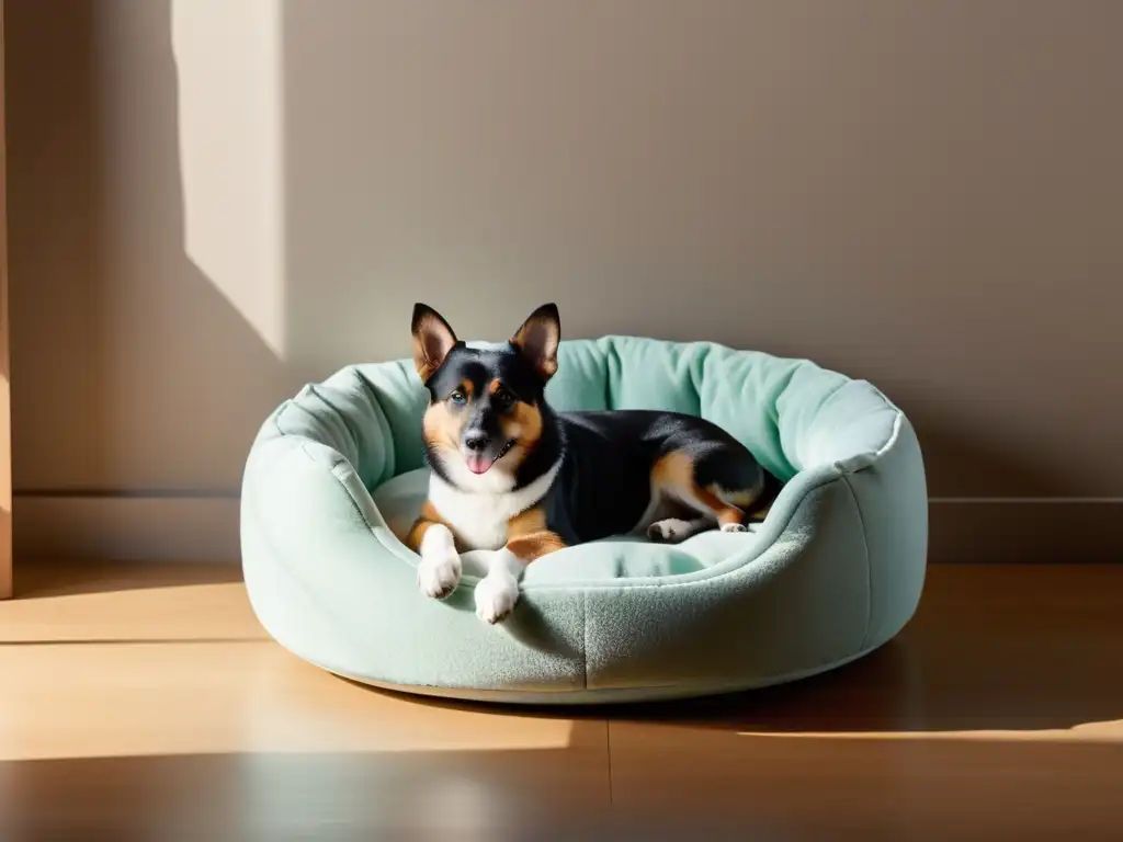 Un espacio sereno y minimalista para mascotas en casa, con cama suave y tazón moderno