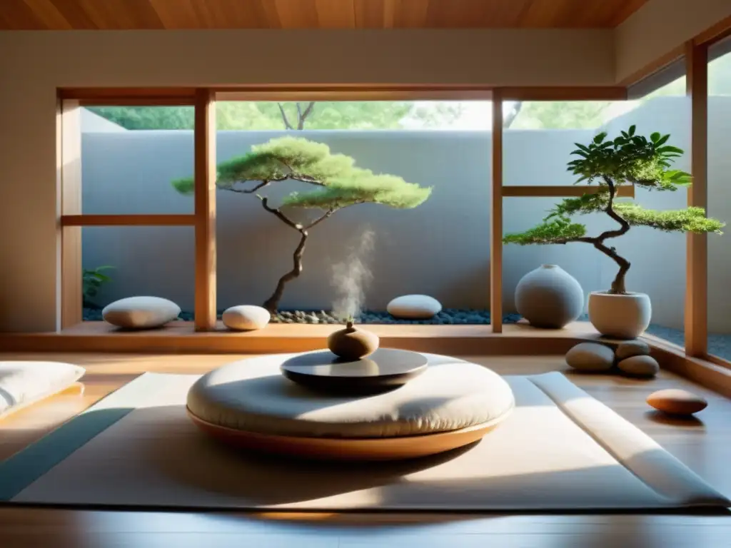 Espacio de meditación sereno y minimalista, con decoración Feng Shui para armonía y paz interior